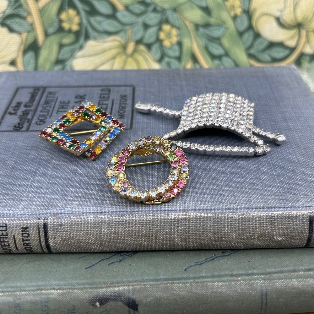 Vintage Glass Rhinestone Brooch Lot Top Hat Brooch Lot of 3 GVC Colorful